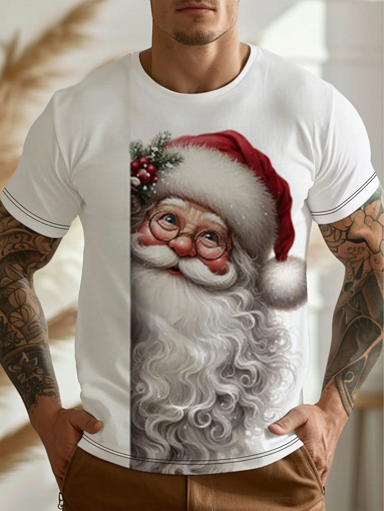 

Cute Santa Claus Printed Men's T-Shirt Funny Christmas Element Short Sleeve Tops Outdoor X'mas Party Fashion Men Clothing Tees