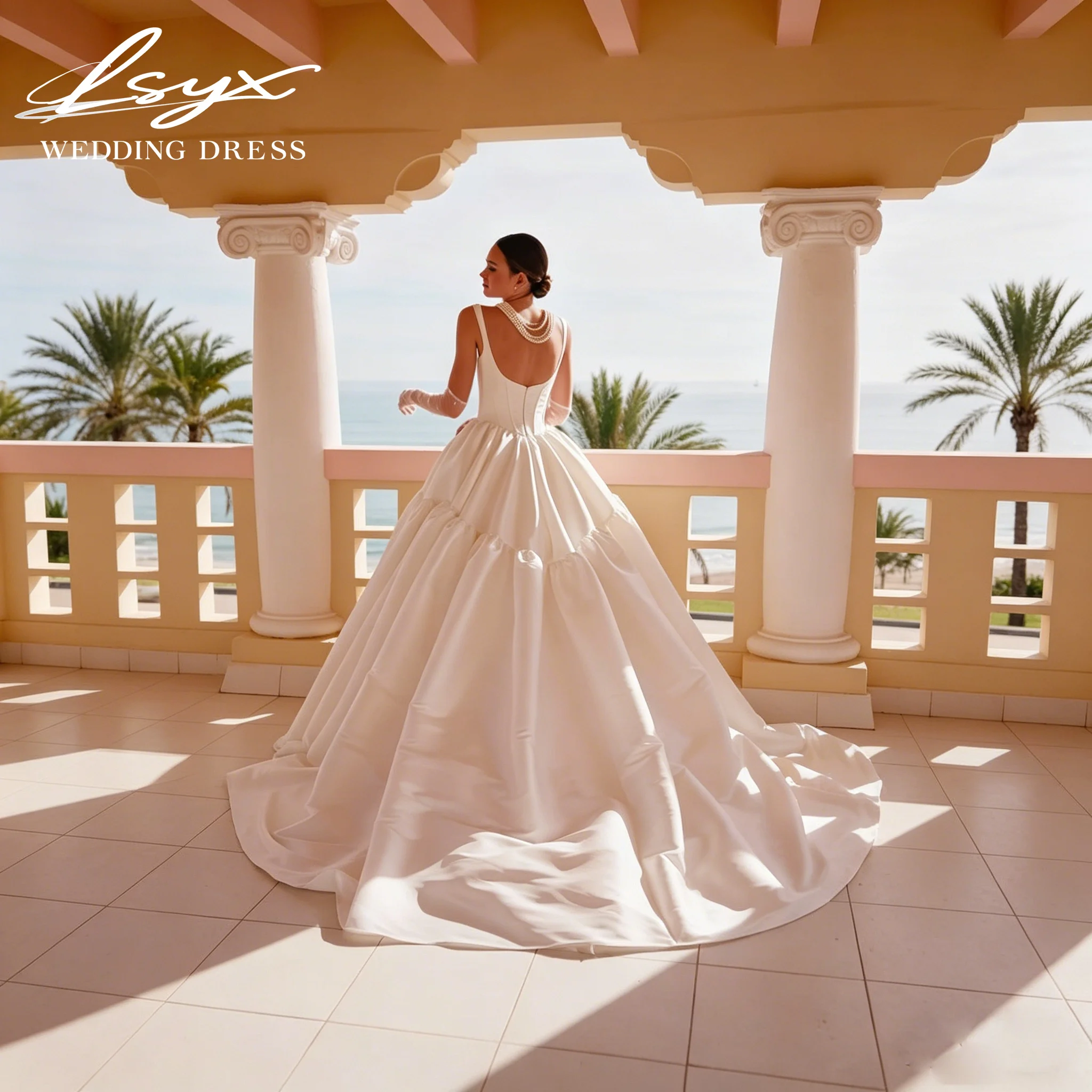 LSYX 2026 Glamorous Satin Ball Gown Square Neck Corset Wedding Dress Backless A Line Ruched Train Elegant Bridal Gown Customized