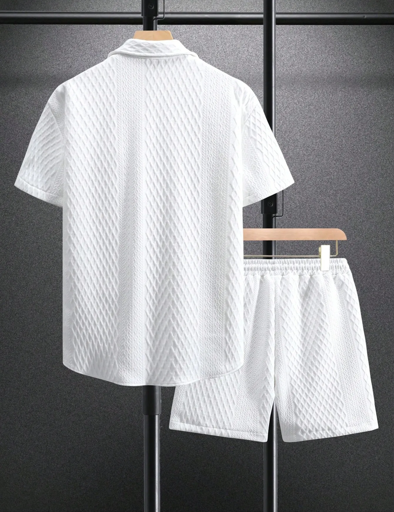 Summer New Men's Casual White Sportswear Shirt with A Lapel Men's Short-sleeved Button Shirt and Shorts Jacquard Texture Suit view 5