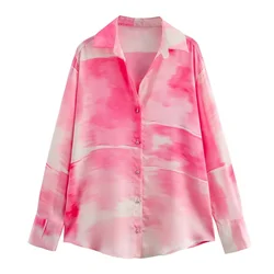 Zach Ailsa 2024 Summer New Product Women's Casual Loose Lapel Long sleeved Single breasted Satin Tie Dyed Printed Shirt