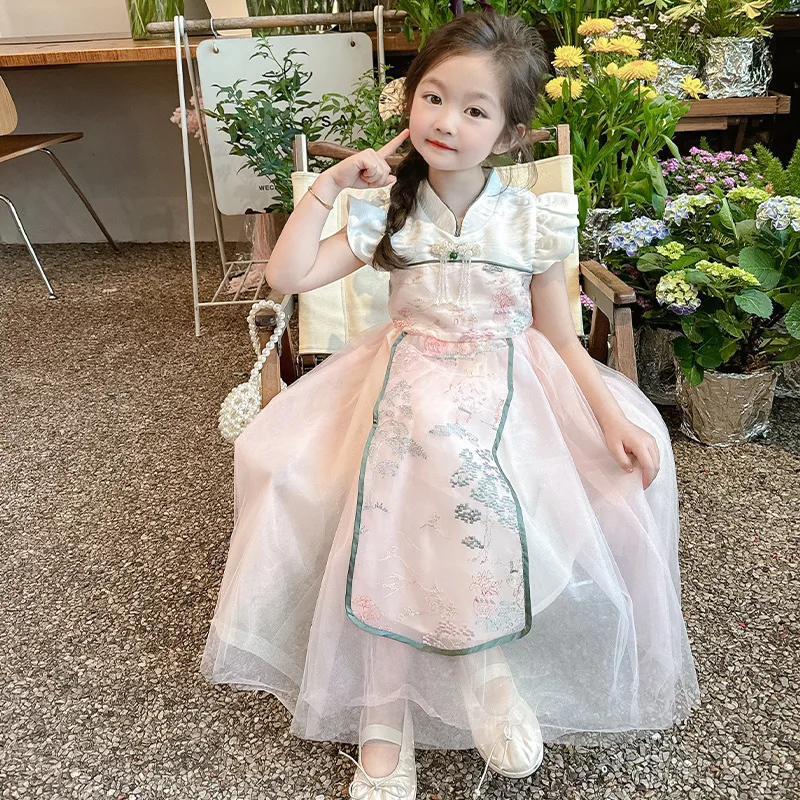 Girls' Long Dress2024New Western Little Style Princess Girl Chinese Cheongsam Dress