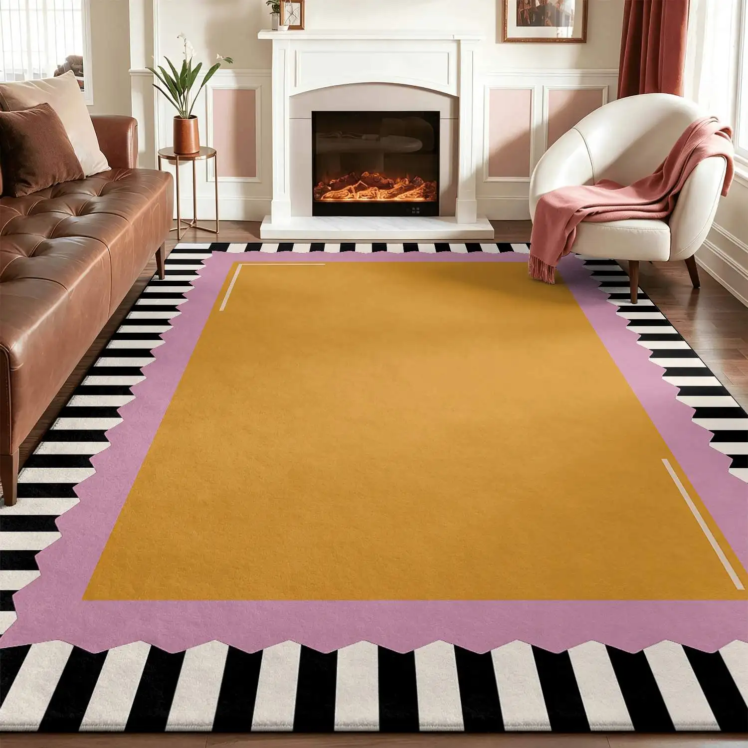 1Pc 2D Printed Carpet: Pink-Yellow-Black Striped Geometric Nordic/Instagram-Style Modern Minimalist Abstract Art Floor Mat, Home Decor, Multi-Size, Machine Washable, for Entrance, Dining Room, Foyer, Bedroom, Living Room