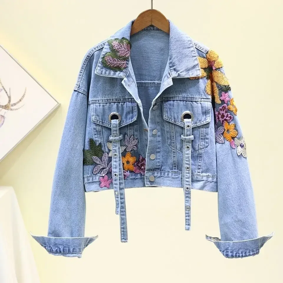 

Autumn Denim Jacket Women Flowers Embroidery Sequins Jeans Coat Loose Long Sleeve Casual Student Short Clothes Streetwear