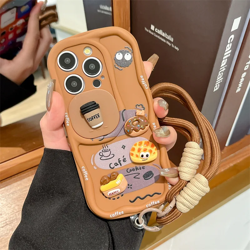 3D Cartoon Bread With Wrist Strap Wavy Phone Case For iPhone 17 16 15 14 13 12 Pro Max Push-Pull Sliding Camera Shockproof Cover view 5