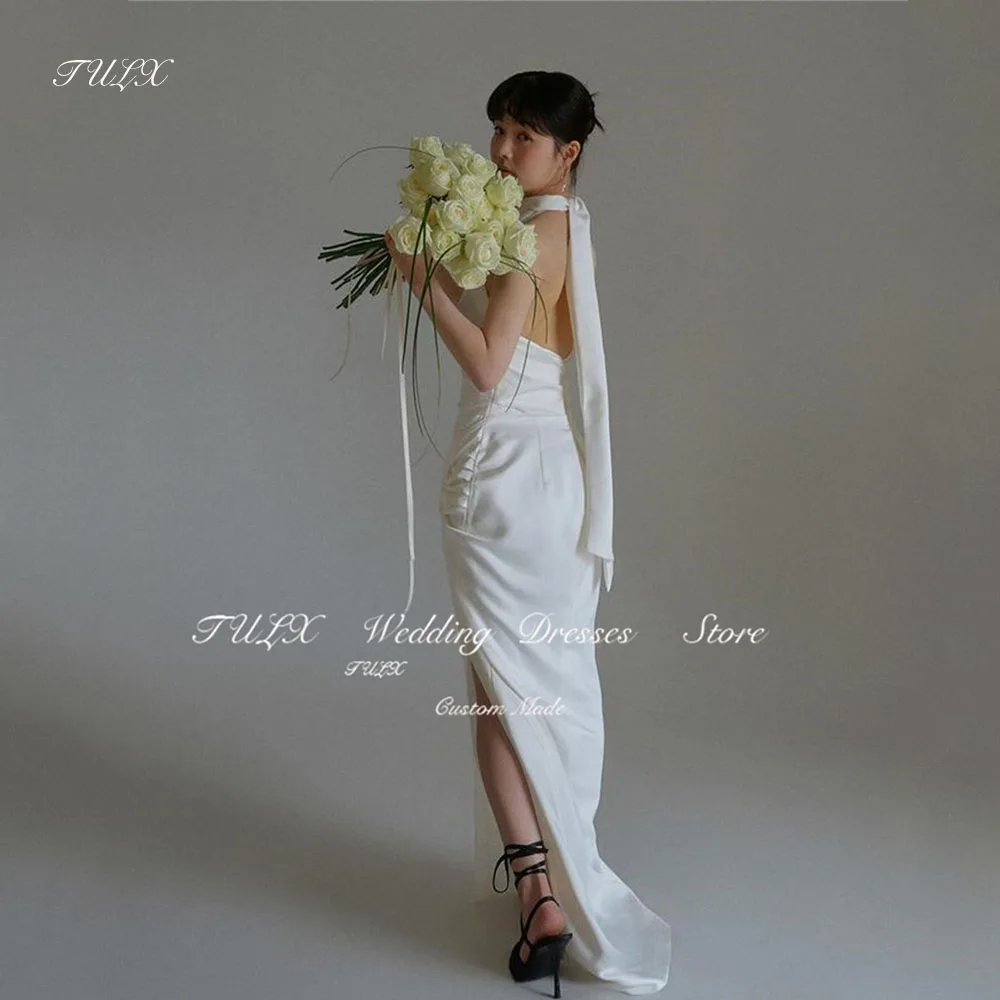 

TULX Simple Halter Backless Satin Korea Wedding Dresses Photo Shoot Elegant Mermaid Pleat Side Slit Bridal Gowns For Women