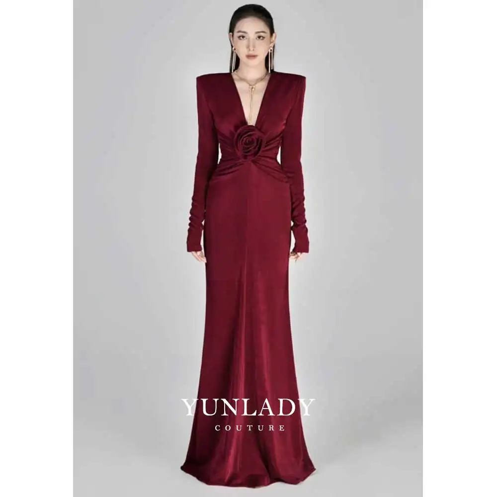 YUNLAN Red Velvet V Neck Evening Dress Dubai Mermaid Luxury Long Sleeve 2023 Bridal Wedding Prom Party Dress Homecoming Dress