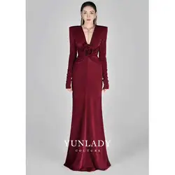 YUNLAN Red Velvet V Neck Evening Dress Dubai Mermaid Luxury Long Sleeve 2023 Bridal Wedding Prom Party Dress Homecoming Dress