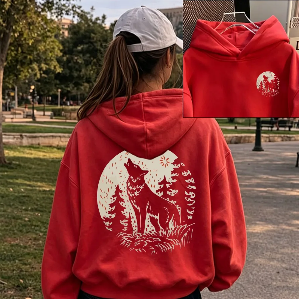 Floral Wolf Moon Graphic Women Hoodie Fun Print Wildflower Howling Wolf Nature Pullover Hoody Sweatshirt Vintage Boho Women Top