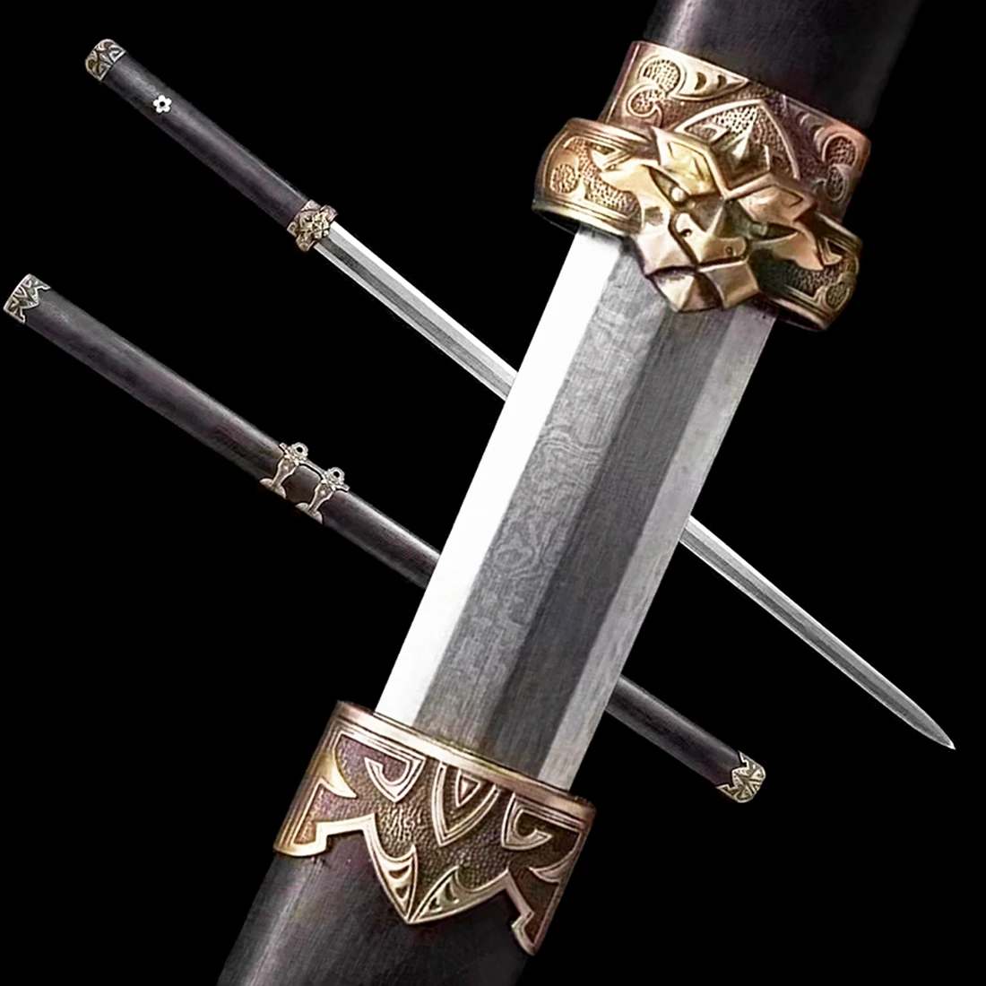 Brass Fittings Lion Battle Jian Damascus Folded T10 Steel Blade Double Edge Chinese WUSHU Dao Sword Ebony Wood Saya