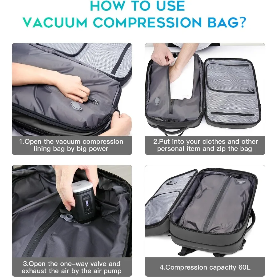 بانج فراغ ضغط حقيبة السفر 60L حقائب ظهر قابلة للتوسيع مع مضخة هواء مقاوم للماء ومضاد للسرقة حقيبة كمبيوتر محمول ل مرحبا #4