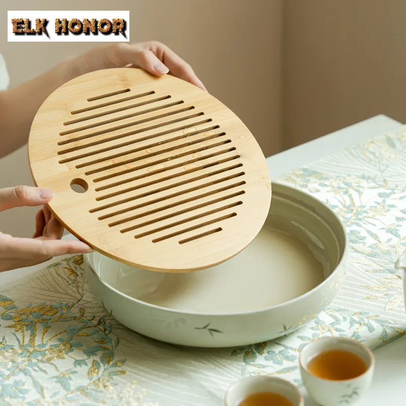 1000ML Pure Hand-painted Bamboo Circular Tea Tray Water Storage Dry Brewing Table Teapot Insulation Pad Leachate Plate Teaware