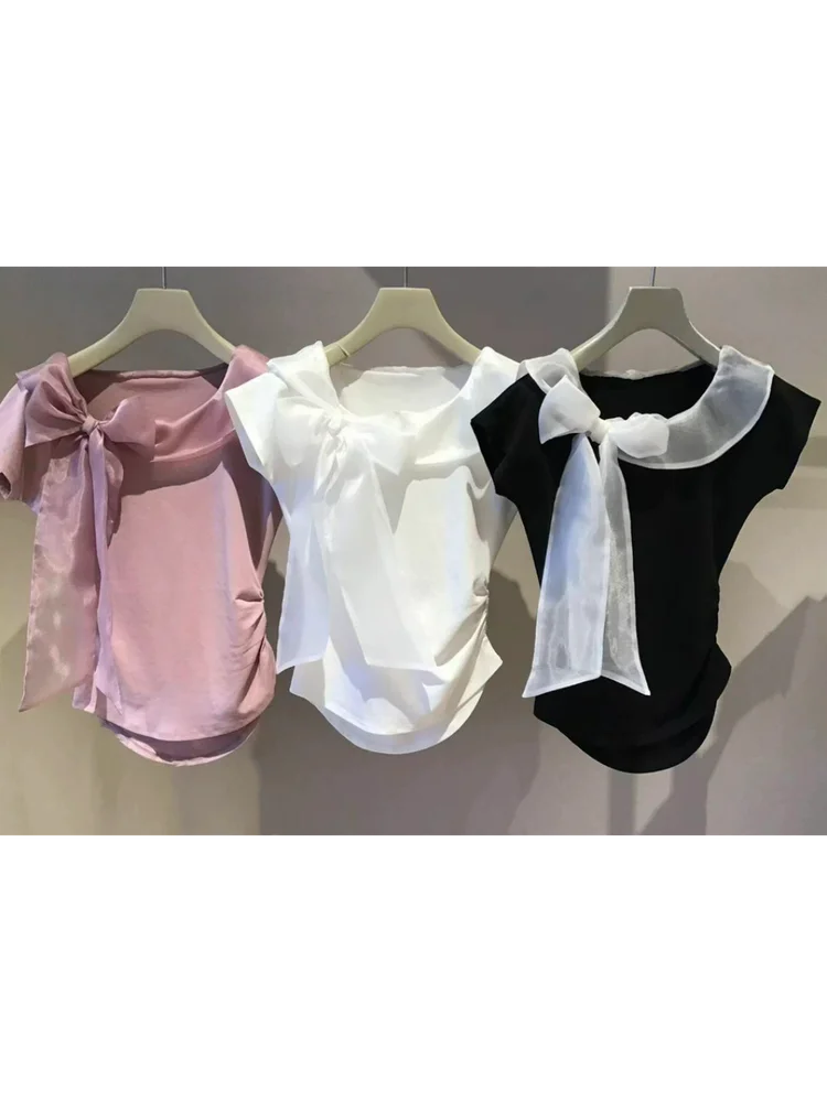 

Футболка Sweet Style с коротким рукавом, кружевом и завязками на талии, универсальный однотонный топ, модель A261306, женская, F...