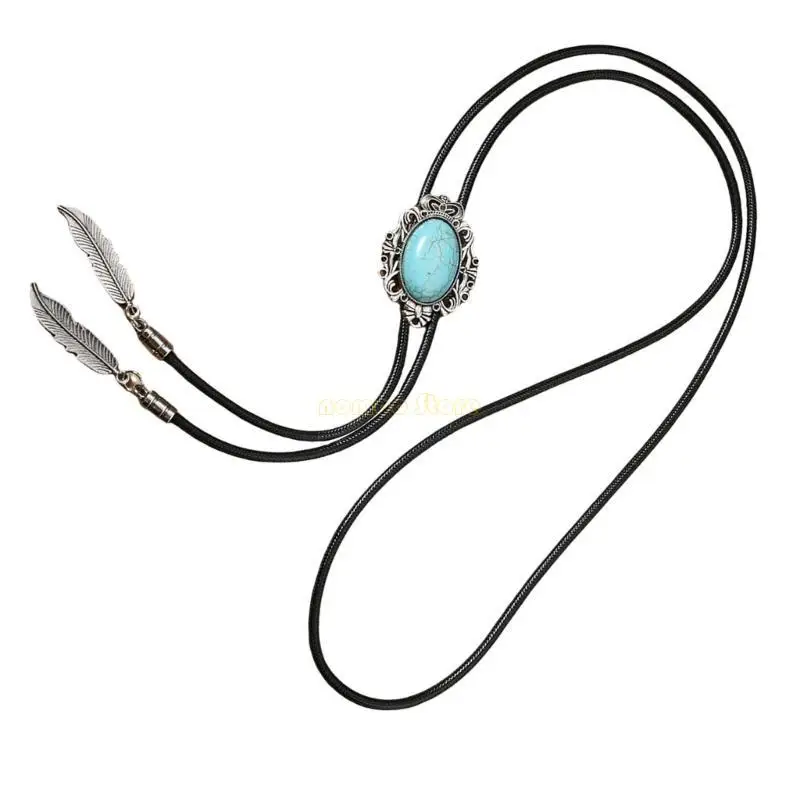 31BF مجوهرات اليدوية بولو التعادل قبعات رعاة البقر الغربية الجلود حبل ربطة العنق مع الفيروز خمر المعادن قلادة على شكل ريشة قلادة