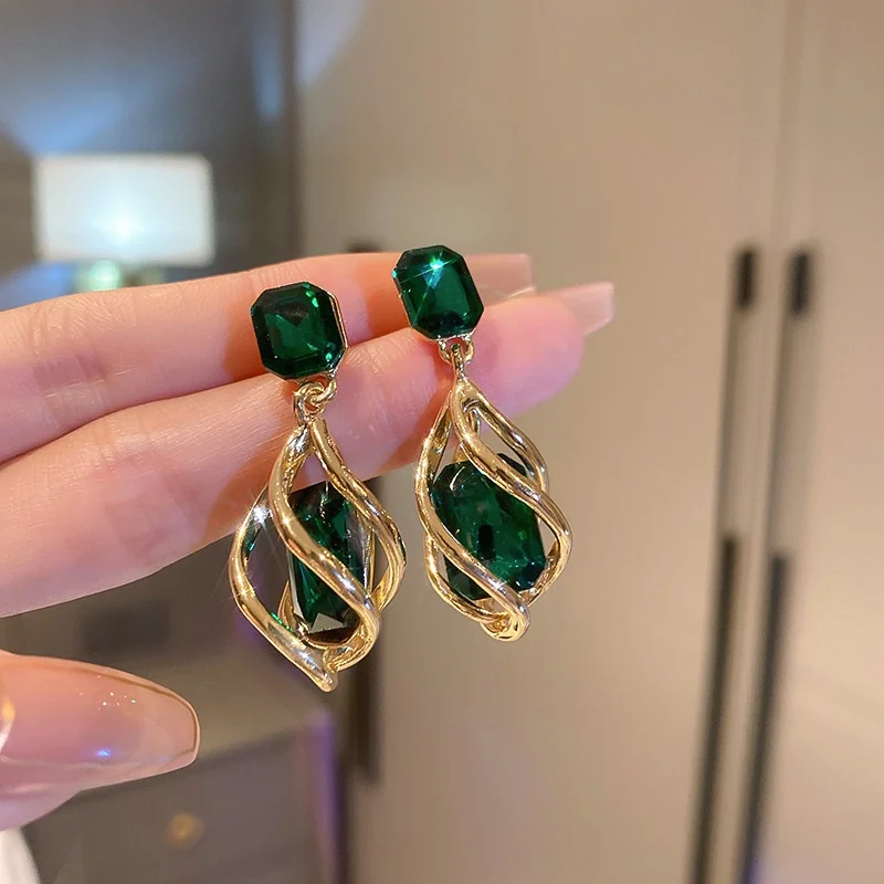Korean Fashion Green Crystal Stone Dangle Earrings for Women Gold Color Hollow Stud Earring Birthday Gifts Pendientes Mujer