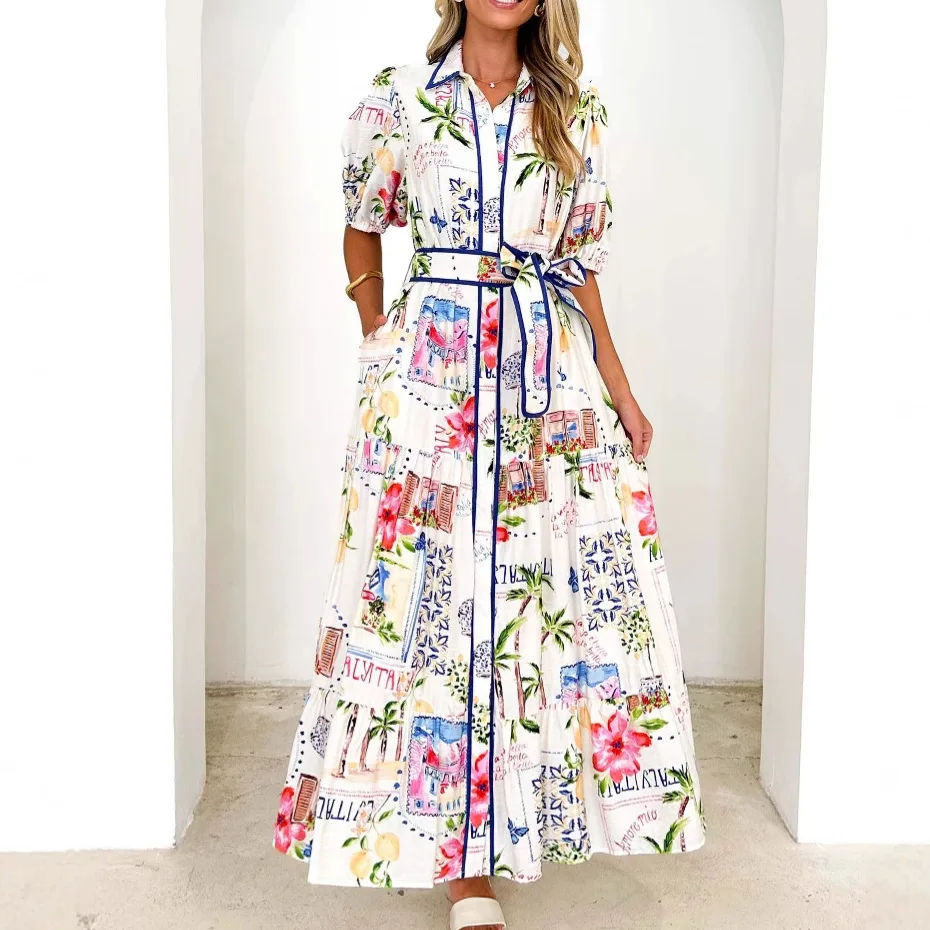 

Summer Short Sleeve Peint Maxi Dress Elegant Belt Long Dress For Women 2025 Fashion Button Lapel Neck Casual Dresses Robe Femme