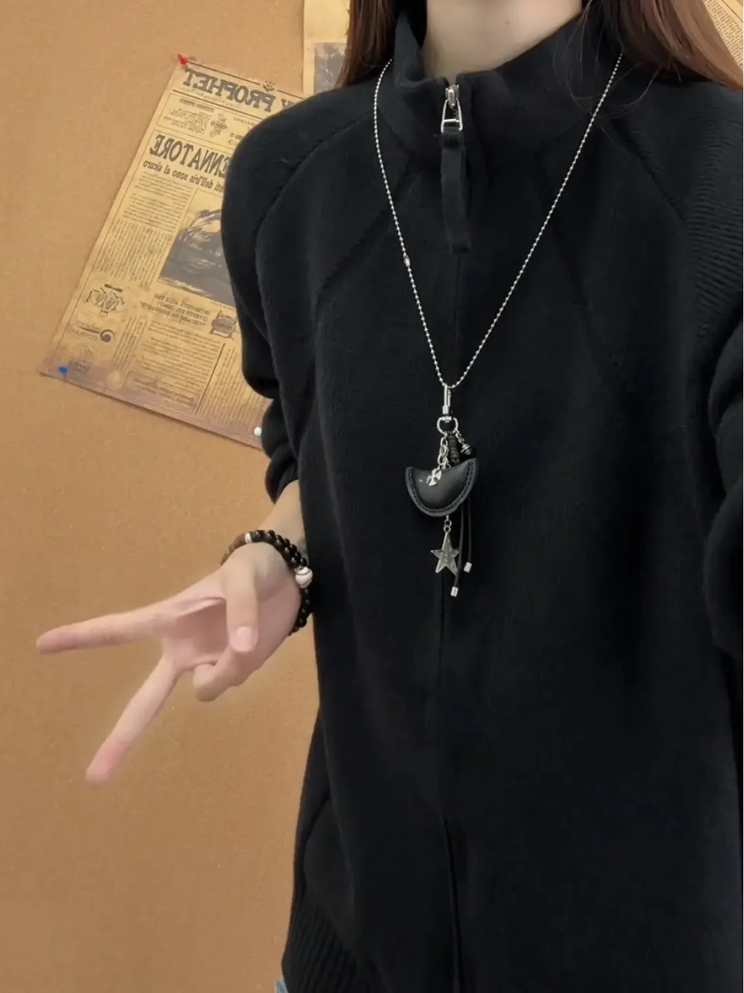 

Bla Zipper Stand Collar Long Sve Knitwear Women's Autumn Korean Sle Lazy Faion Slim Fit Warm Outerwear Cardigan