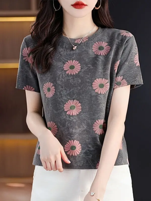 

Свободная женская футболка с коротким рукавом, круглым вырезом и принтом, летняя, повседневная, модная, из полиэфирного волокна, теплая, с коротким рукавом, топ для женщин