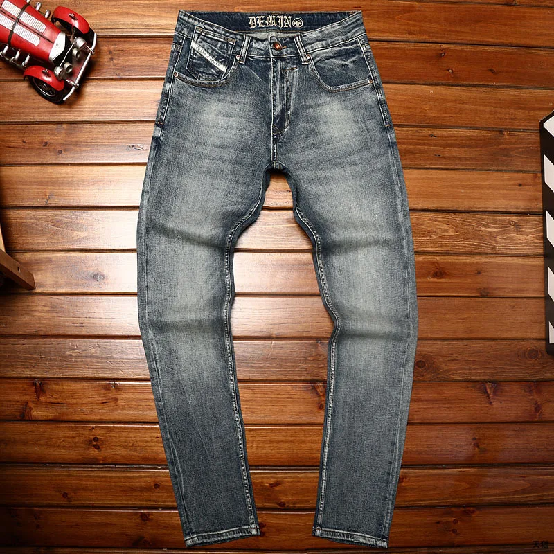 Vintage Blue Jeans Men's Classic Versatile Work Business Trends Loose Elastic Pencil Pants Embroidery Washed Men's Trousers