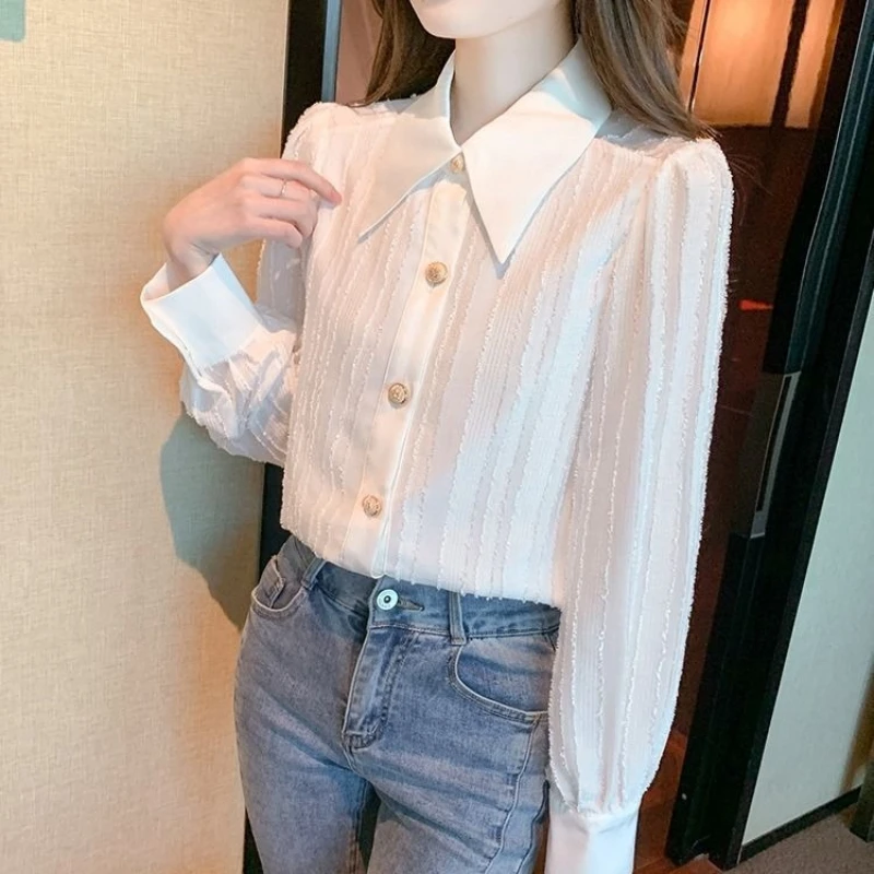 Camicetta bianca elegante a maniche lunghe da donna Colletto stile francese 2026 Camicia casual chic dal design alla moda per l'uso quotidiano in ufficio ​