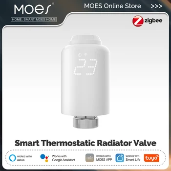 MOES TRV Tuya ZigBee วาล์วหม้อน้ํา Thermostatic SmartLife รีโมทคอนโทรลไร้สายเครื่องควบคุมอุณหภูมิความร้อน Alexa Voice Control