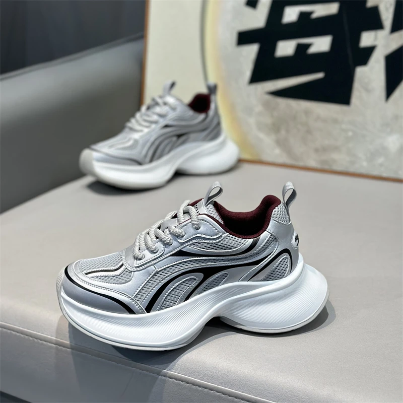 

Fashionable Sneakers Men's Thick Bottom Heightening Dad Shoes Autumn New Style Casual Sport Shoes Round Toe Leather Shoes
