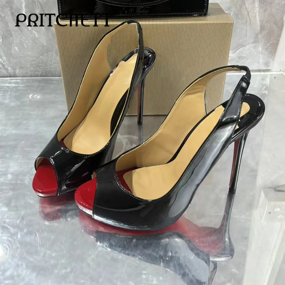 Black Patent Leather High-Heeled Shoes Round Toe Stiletto Heels Color-Blocked Back Strap Sandals Fashionable Women's Shoes