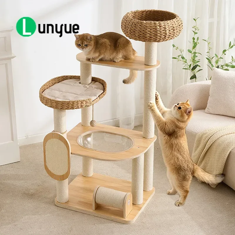 Solid Wood Cat Climbing Frame Rattan Space Capsule Cat Nest Scratching Post for Small Apartments Compact Household Furniture