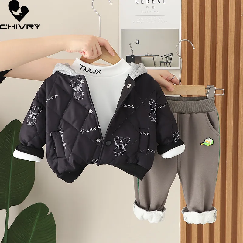 

New 2023 Kids Baby Winter Fashion Cartoon Bear Hooded Thicken Coat Jackets with Pants Boys Casual Three-piece Clothing Sets