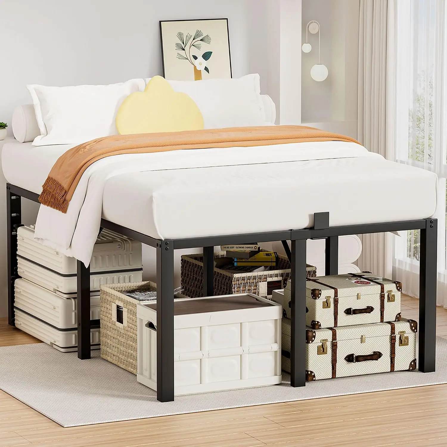 24 Inch Queen Size Tall Bed Frame, 3500 LBS Metal Platform Bed Frame, Black | Heavy Duty High Bedframe with 4, Customized