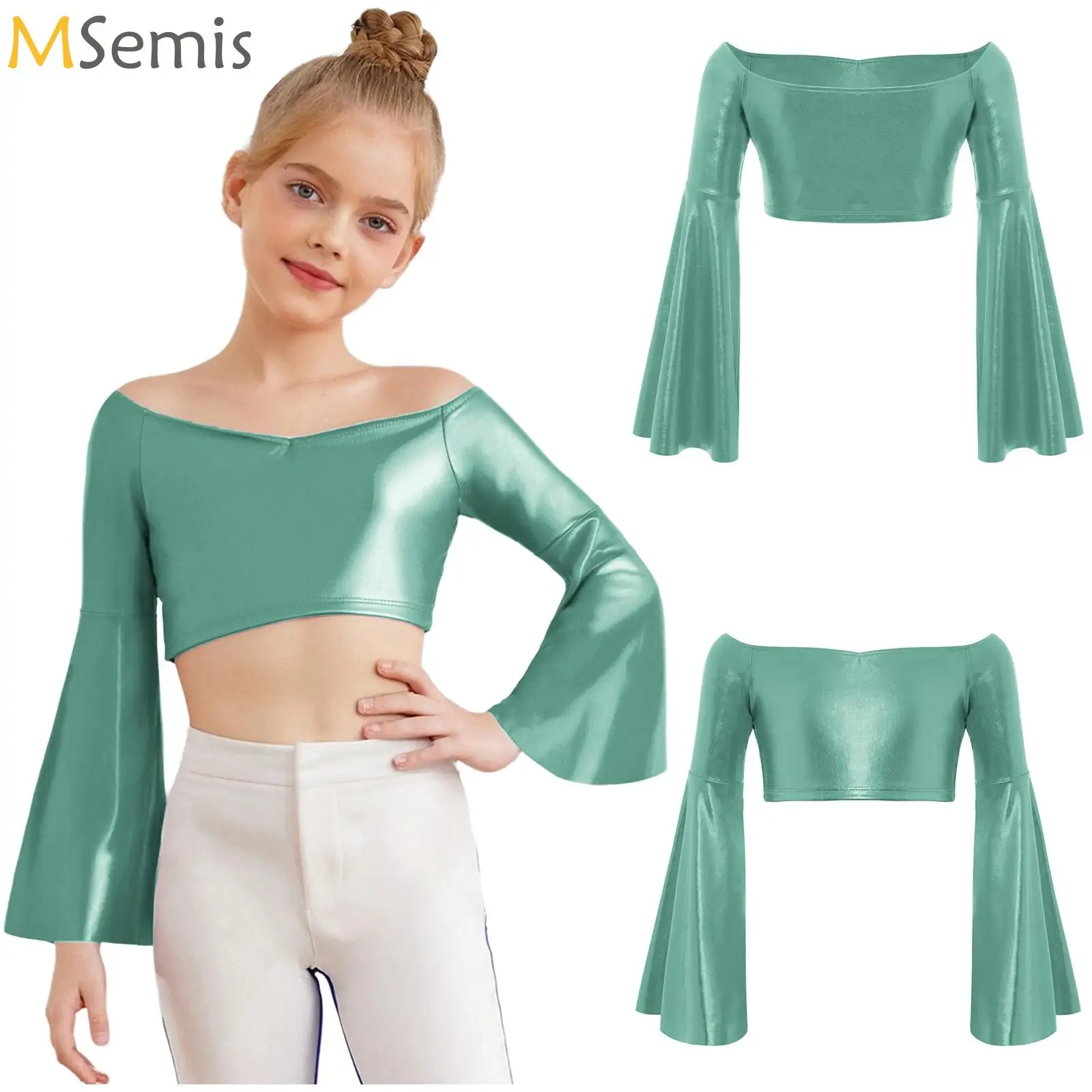 

Jazz Hip-hop Dance Tops for Kids Girls Metallic Crop Top Flared Long Sleeve Athletic T-Shirts for Latin Jazz Dance Competition
