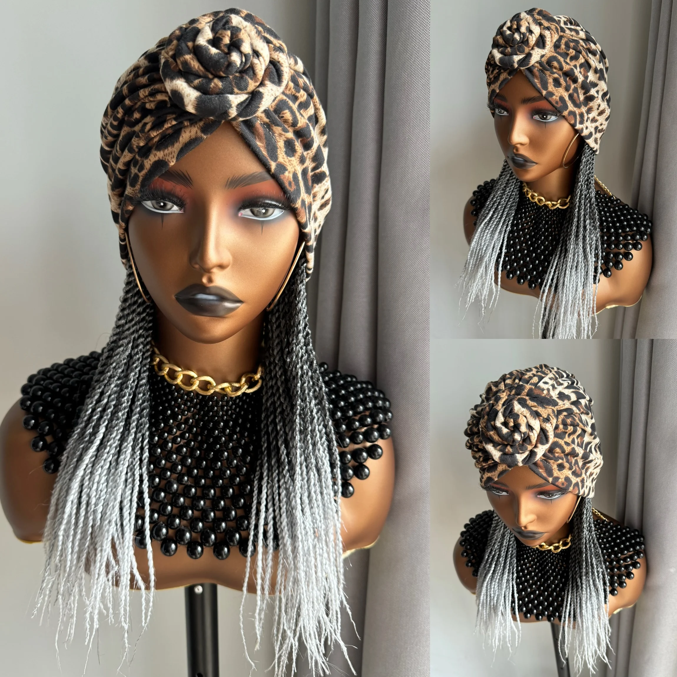 Medium Box Braided Synthetic Burgundy Headband Wig With Turban Hat Black Box Braiding Hair Extensions Head Scarf Easy Hairstyle