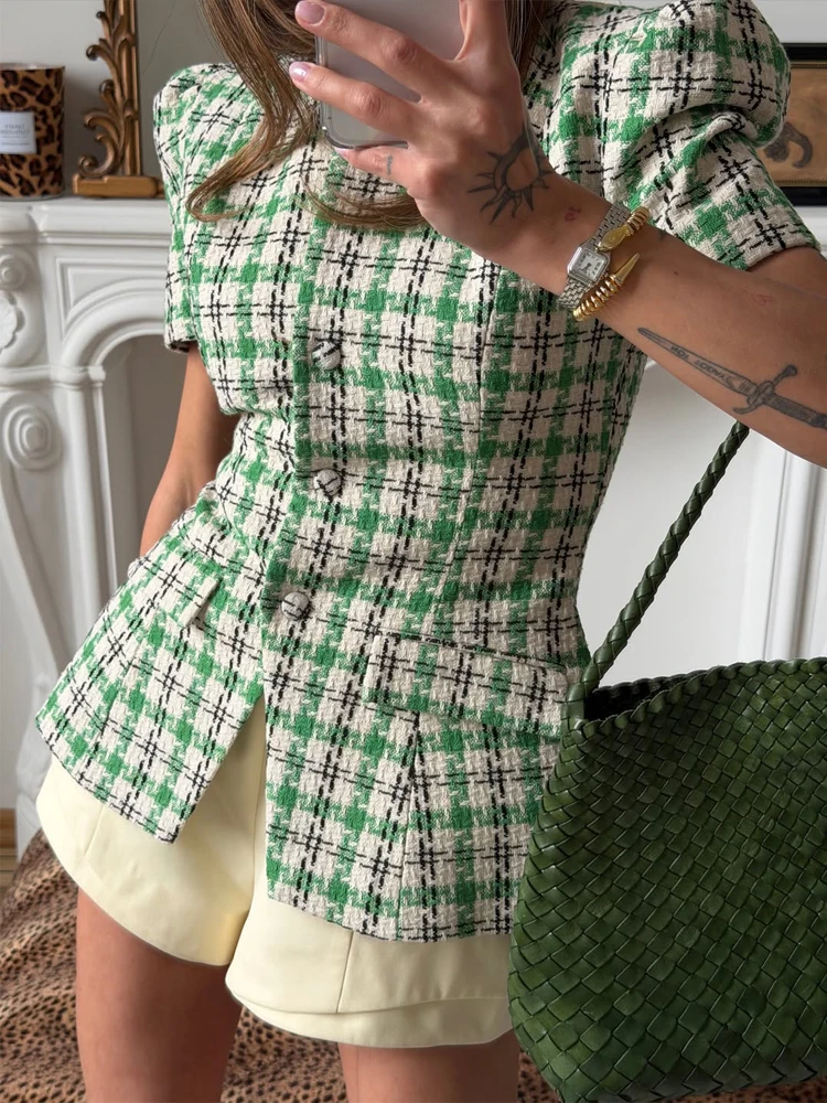 Women Green Round Neck Short Sleeve Two-Piece Set Elegant Plaid Tweed Peplum Blazer and Skirt 2026 Daily Street Fashion Wear
