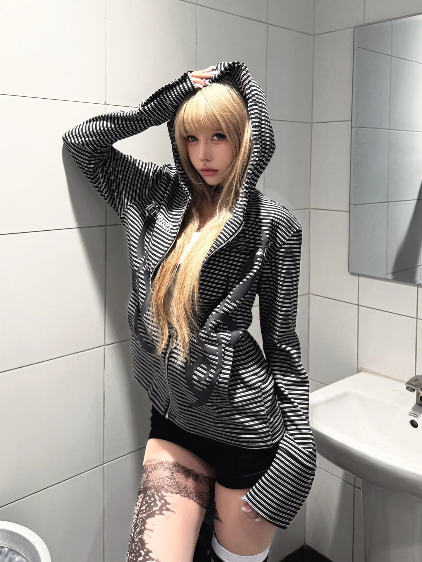 Y2K Street Sle sweat à capuche femme nouveau automne rayé fermeture éclair ouvert Cardigan sous-culture haut Ins longue Sve sweat à capuche avec fermeture éclair