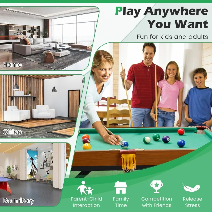 طاولة حمام سباحة صغيرة قابلة للطي مقاس 48 بوصة مع كرات 2 عصي طباشير وفرشاة للترفيه العائلي ألعاب الحفلات الداخلية المدمجة De