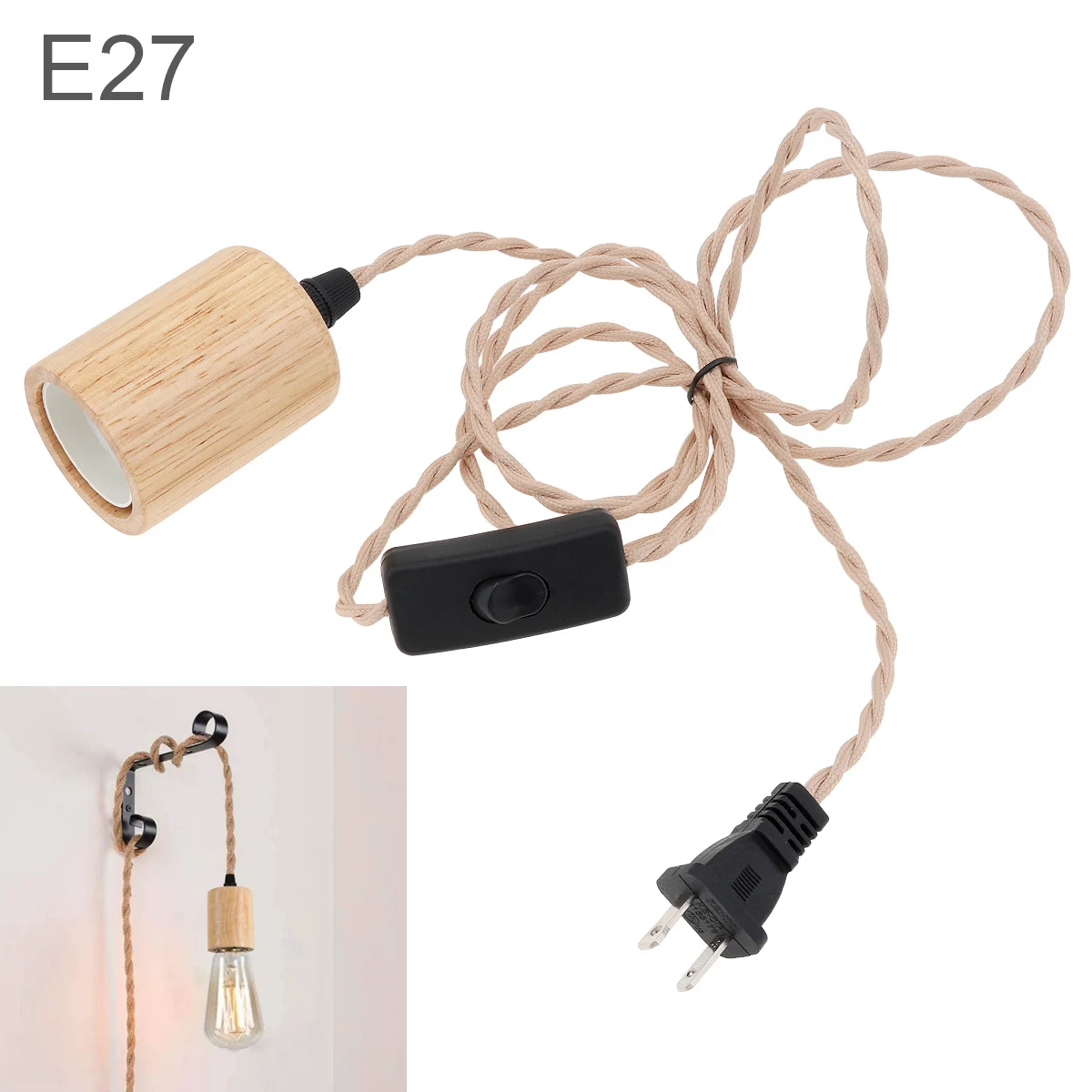 Vintage Industrial Pendurado Tomada de Luz com Fio Interruptor, Madeira Kit Luz Pingente, Madeira Pendant Lamp Holder, E27, 27, UE, EUA Plug