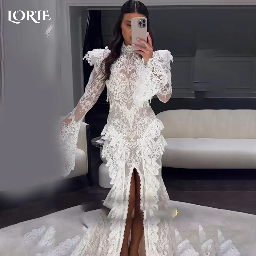 

LORIE Vintage Lace Mermaid Wedding Dress Sexy High Collar Long Sleeve Bridal PartryGown Backless Princess Bride Dress Customized