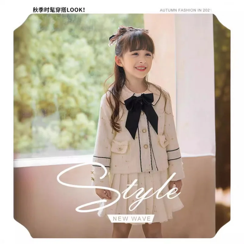 girls'-autumn-new-outfit-set-girls-bow-fashionable-two-piece-skirt-set-wholesale
