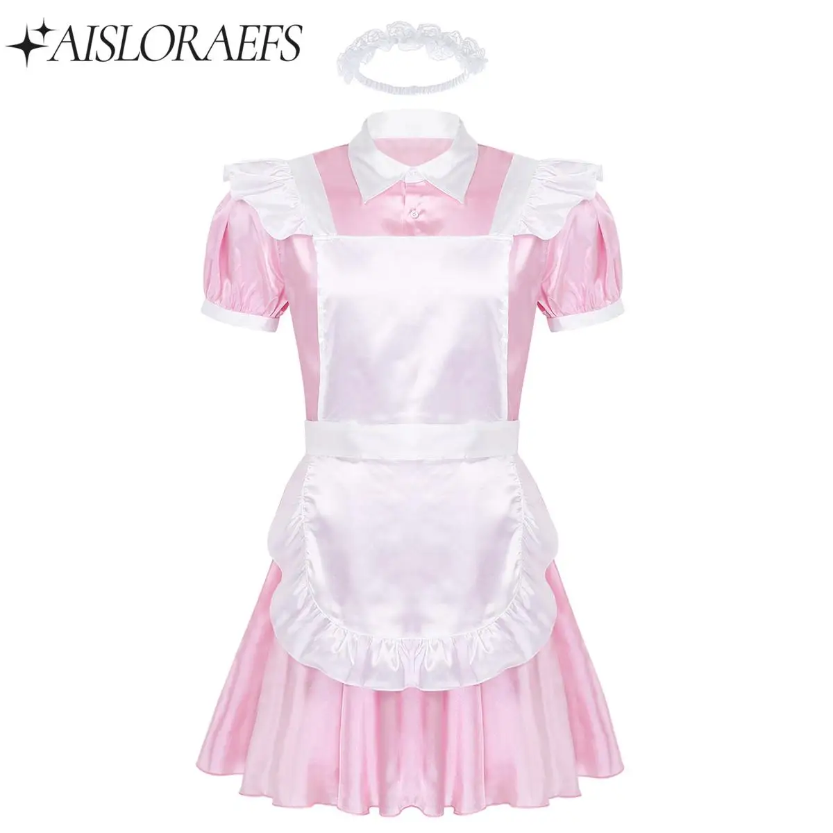 3Pcs Mens Adults Sissy Maid Cosplay Outfit Turn-down Collar Puff Sleeve Dress+Apron Headband Role Play Fancy Costume Clubwear