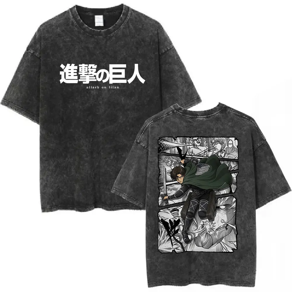 Anime Attack on Titan Vintage Washed T-shirt Mikasa Ackerman Eren Jaeger Wings of Freedom Tee Shirt Fashion Cotton T Shirts Tops