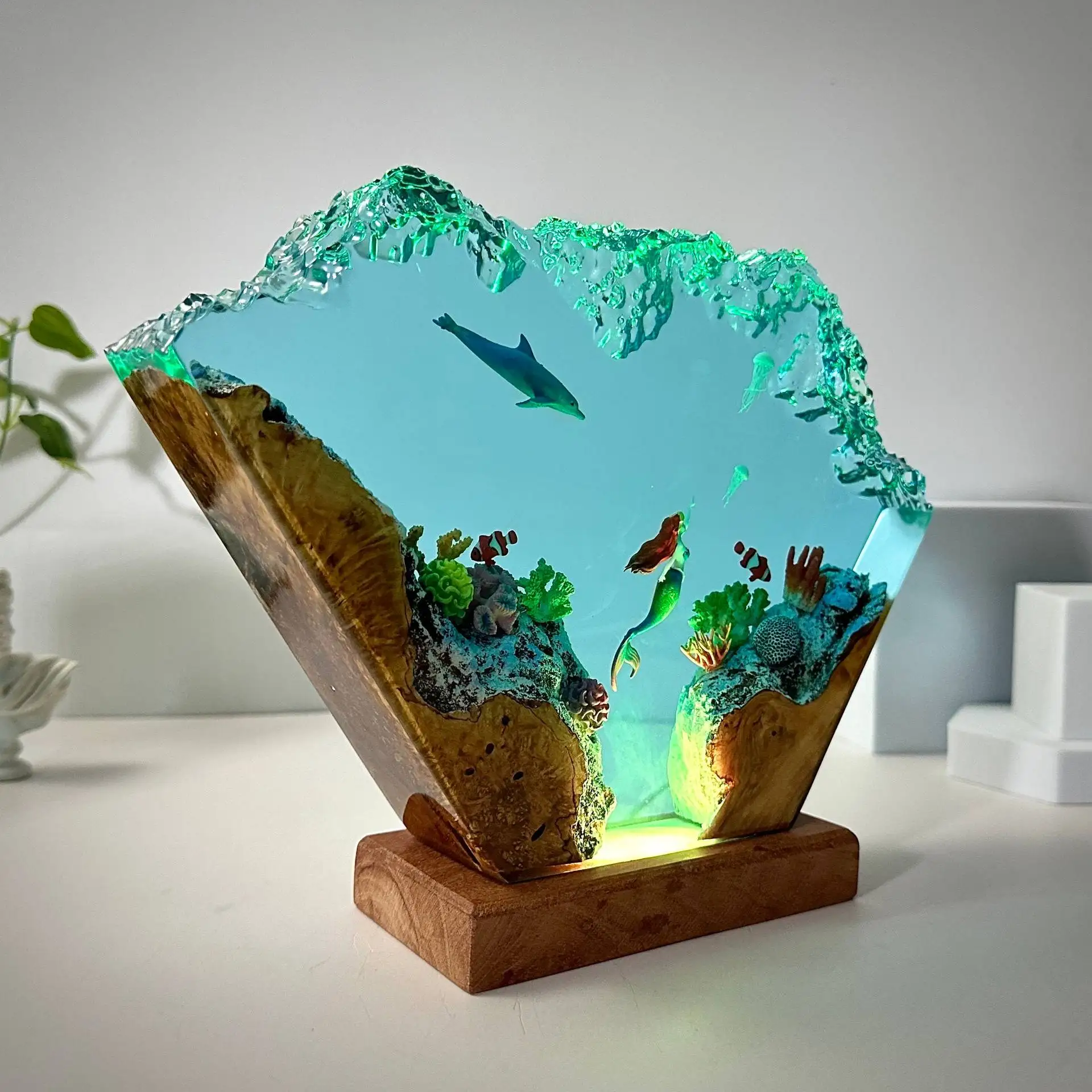 Resin Wood Art Night Light Mermaid Dolphin Shape Creative Desktop Decor Personalized Ambient Lamp For Living Room Daily Ornament