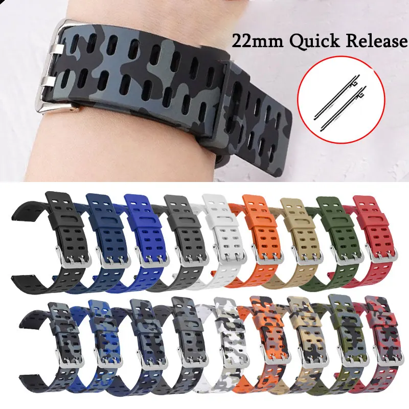 Bracelet en Silicone camouflage 22mm, pour Samsung Galaxy Watch Gear S3 Huawei Gt2, pour Seiko Watch, bracelet en caoutchouc étanche à dégagement rapide