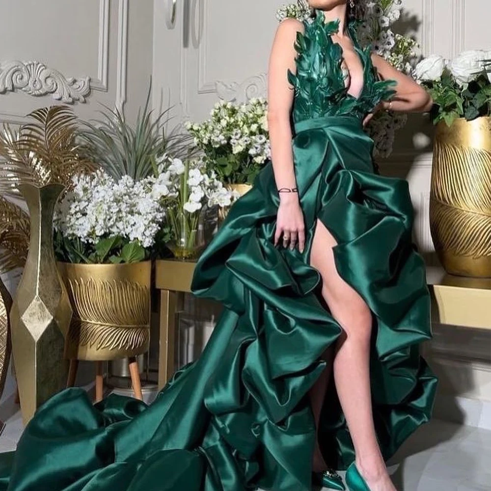 Customized Exquisite Halter Chapel Train Feathers Beading Belt Evening Dress Temperament Mermaid Satin Green Vestido De Festa