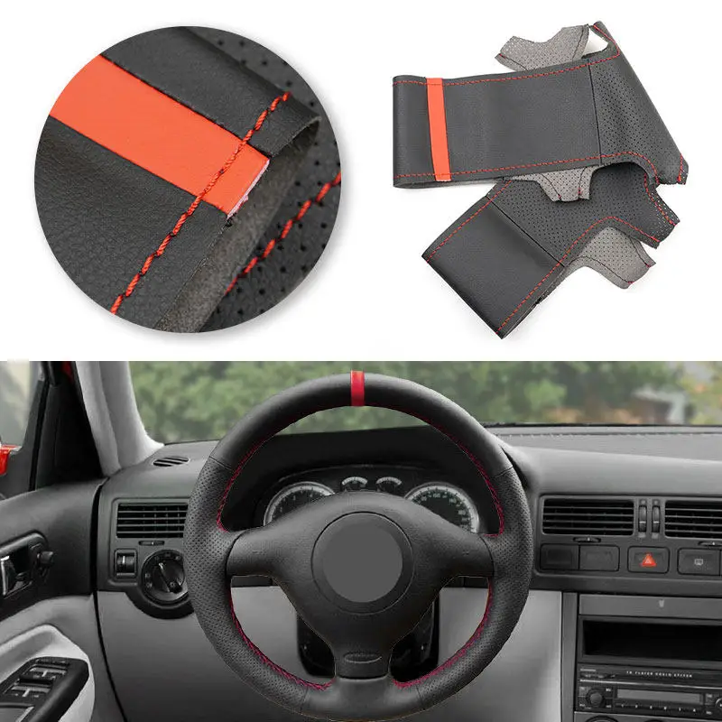 

Car Accessories Steering Wheel Cover Leather Trim Black with red strip For VW Golf 4 MK4 1998-2004 For Passat B5 1996-2005 Old