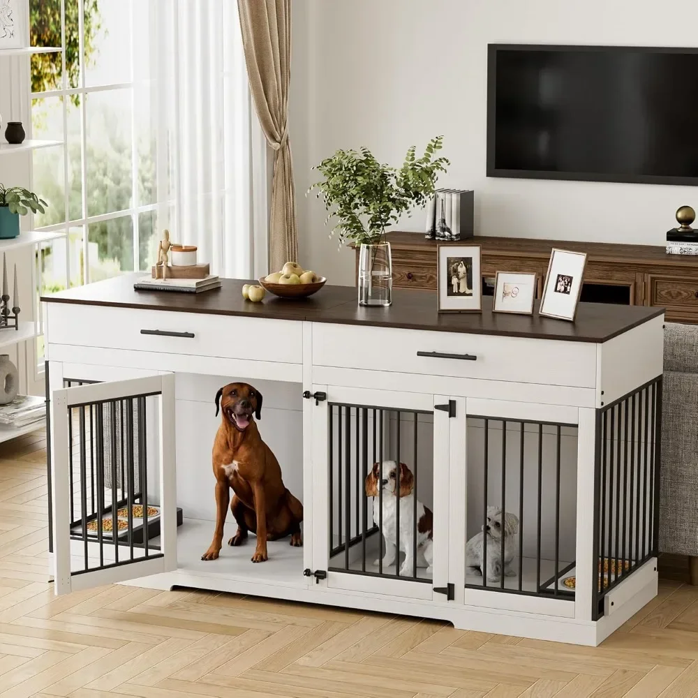 Dog Crate Furniture, 72.05 Inch Wooden Large Dogs Kennel with 2 Drawers & Dogs Bowls, Dog Cage  with Double Doorss & Divider