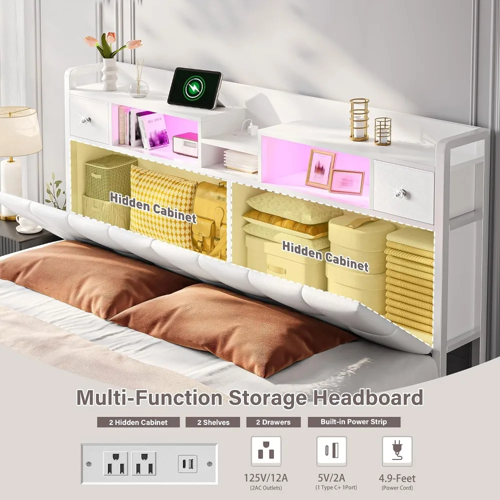 King Size Bed Frame with 4 Drawers & Storage Headboard and Diamond-Tufted Upholstered,LED Lights & Charging, Customized view 4