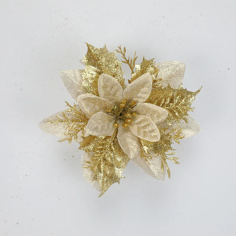 Glitter Artificial Christmas Flowers Xmas Tree Ornaments Merry Christmas Decorations for Home New Year Gifts
