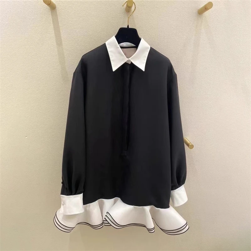 Spring new women\'s lapel contrasting color splicing long-sleeved dress Korean fashion fake two-piece ruffled straight mini skirt