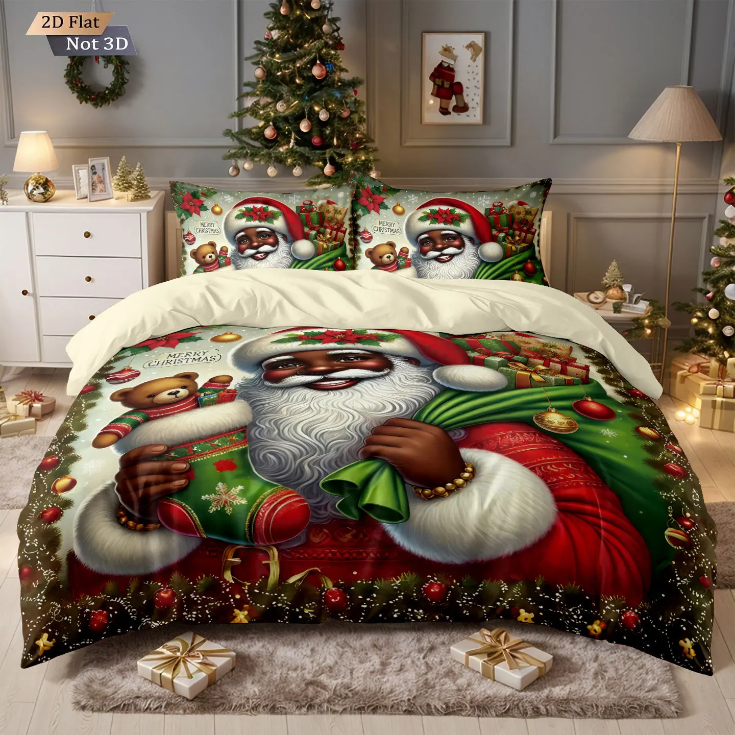 3Pcs Christmas Duvet Cover Set Santa Claus Flannel Pillowcases Digital Printed Bedding Set for Queen King Bed Warm Bed Linen