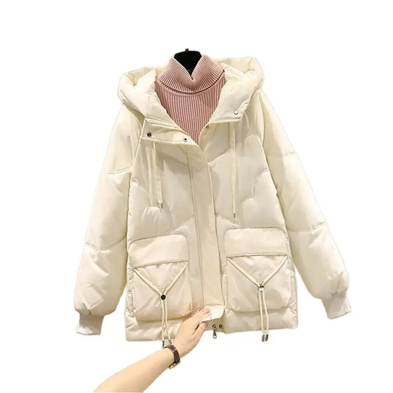 

Winter Down Cotton Jacket Women 2023 New Loose Hooded Coat Concealed Zipper Outerwear Fashion Pocket Parka Overcoat Female 4XL