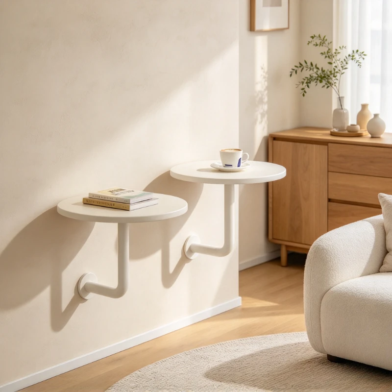 Wall Mounted Table Small Round Cafe Table Folding Bistro Table Wooden Top Iron Frame Space Saving Snack Shop Desk Cream Style